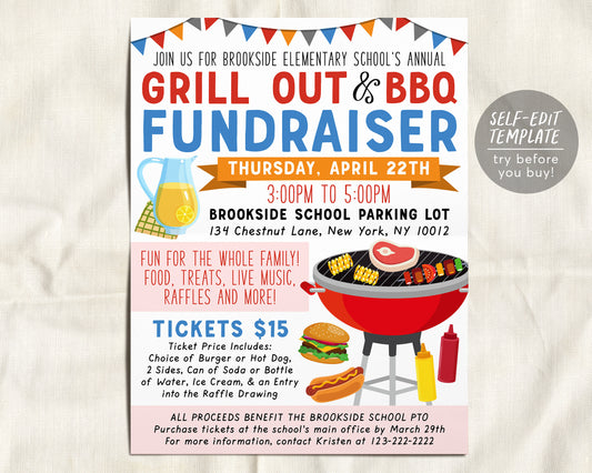 BBQ Grill Out Flyer Editable Template, Family Picnic Barbecue Barbeque, Appreciation Lunch Spring Summer, PTO PTA Community School Charity