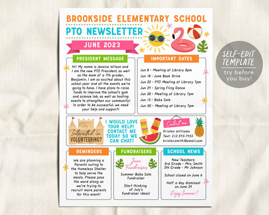 June PTO PTA Newsletter Flyer Editable Template, Summer Beach Flyer Meeting Agenda Organizer Printable Handout, School Year Calendar