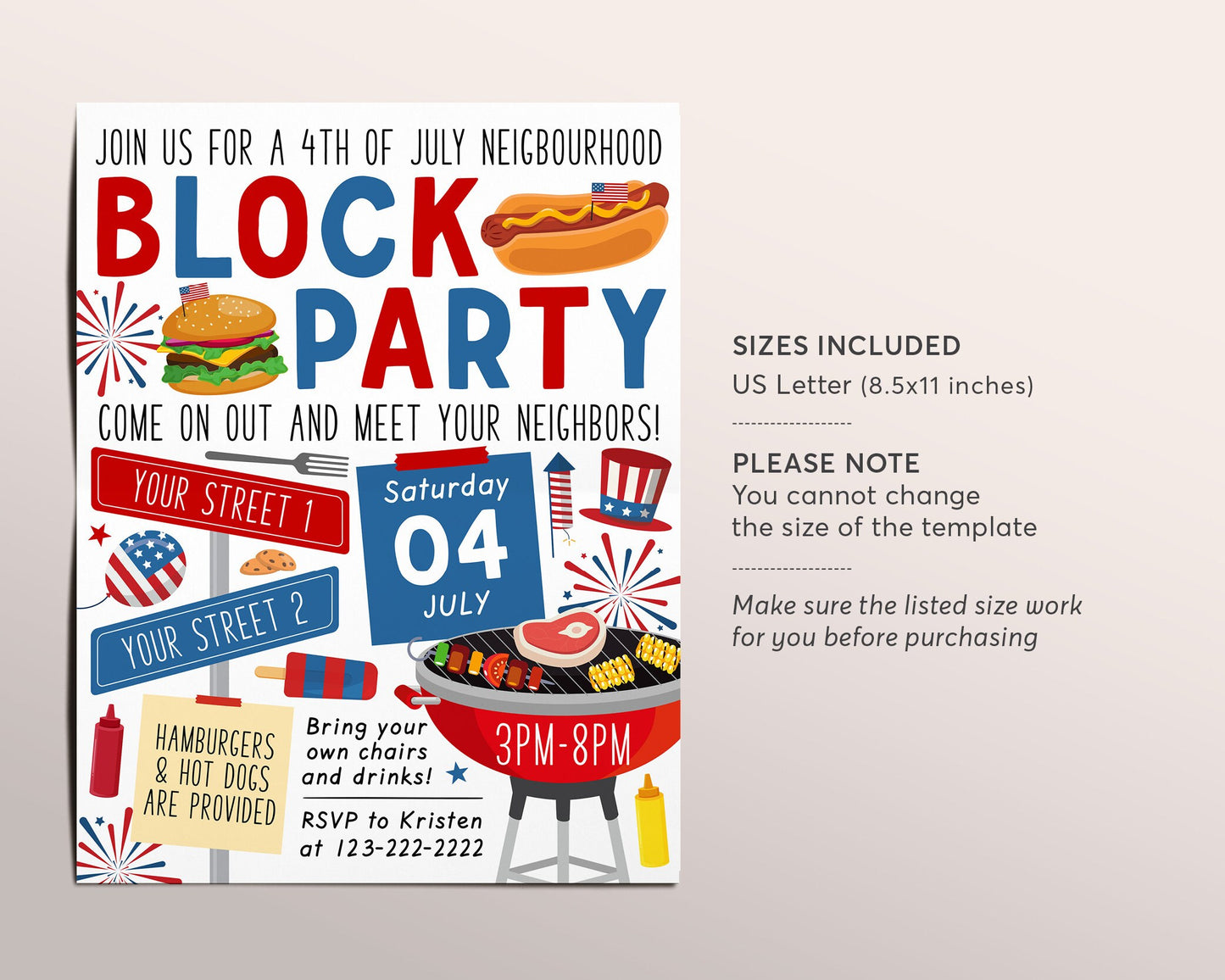 4th of July Neighborhood Block Party Invitation Editable Template, Independence Day Fourth of July Open House, BBQ Picnic Summer Party Flyer