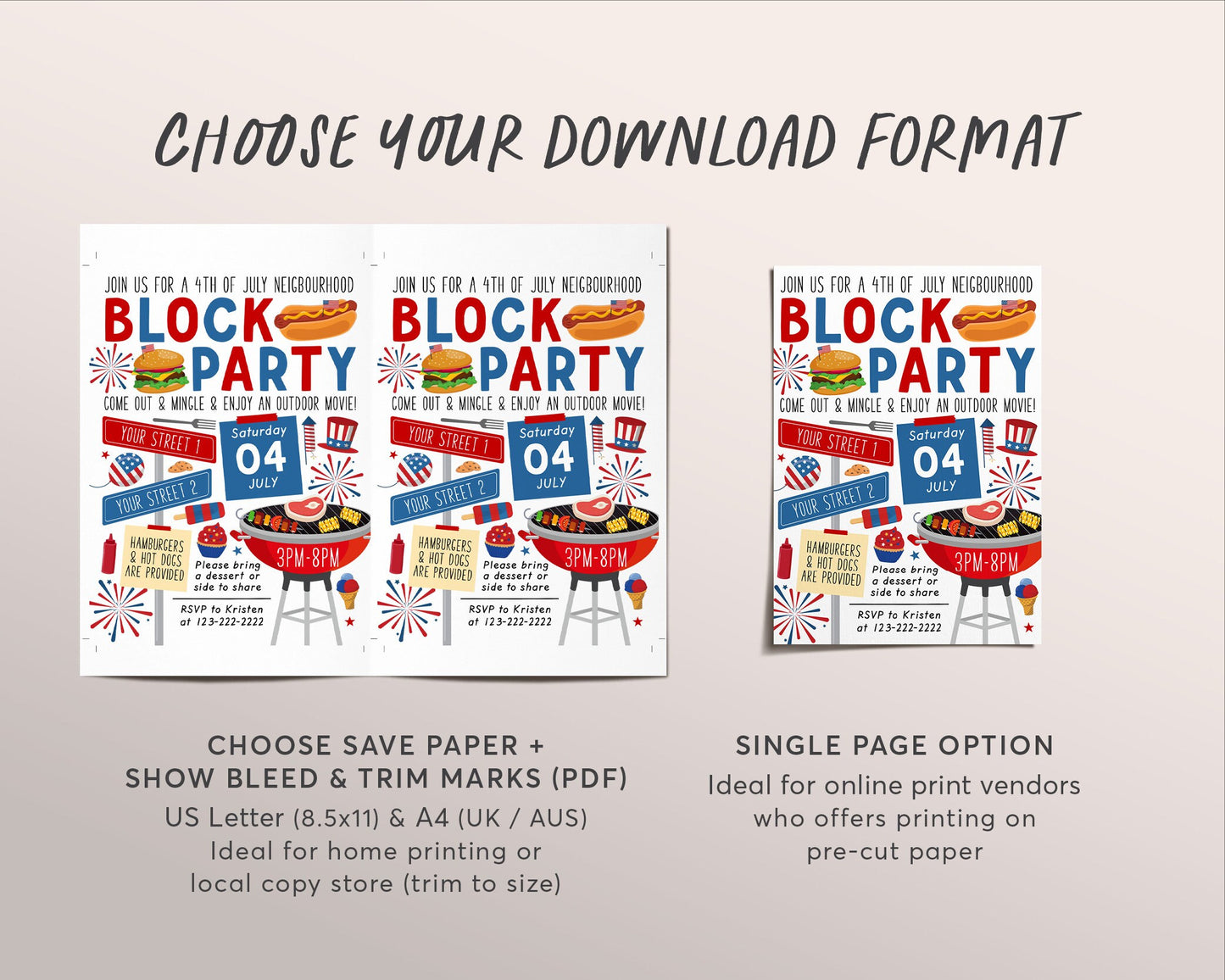 4th of July Block Party Invitation Editable Template, Independence Day Fourth of July Open House Invite, BBQ Barbecue Picnic Summer Party