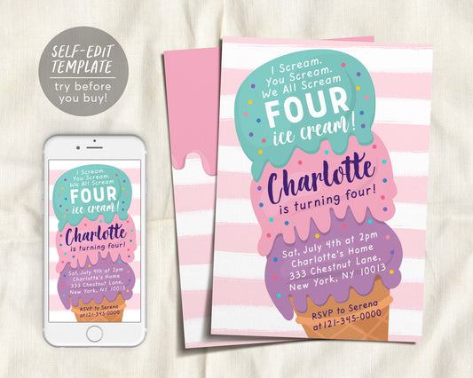 Ice Cream Birthday Party Invitation Editable Template, I Scream You Scream We All Scream Four Ice Cream Truck 4th Birthday Summer Invite