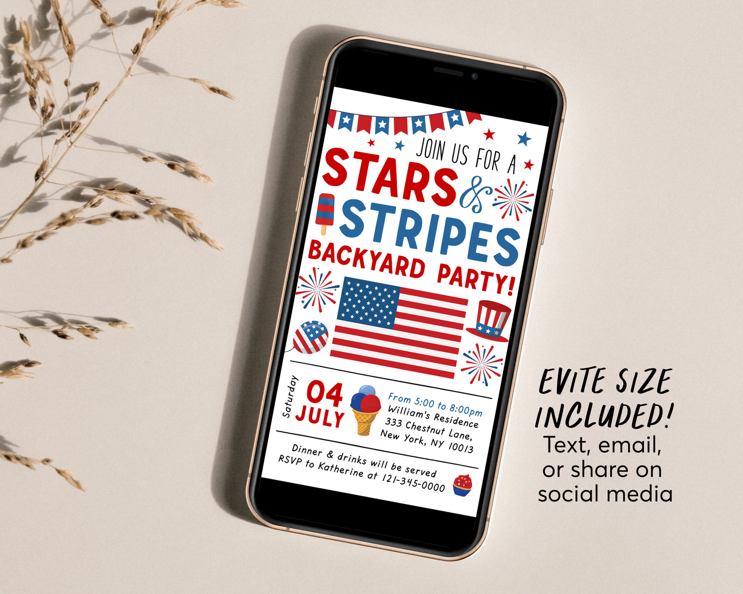 4th of July Invitation Editable Template, Fourth of July Celebration BBQ Invite, Independence Day Stars And Stripes American Flag Patriotic