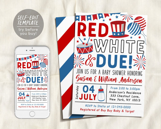 4th of July Baby Shower Invitation Editable Template, Red White and Due, Little Firecracker BabyQ Co-ed Sprinkle, Fourth of July Celebration