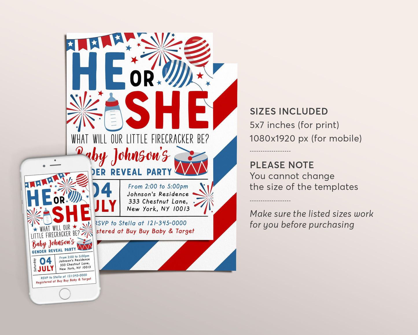 4th of July Gender Reveal Party Editable Template, Fourth of July Baby Shower Invitation, Little Firecracker Fireworks He Or She BabyQ Co-ed