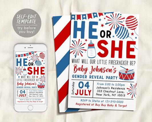 4th of July Gender Reveal Party Editable Template, Fourth of July Baby Shower Invitation, Little Firecracker Fireworks He Or She BabyQ Co-ed