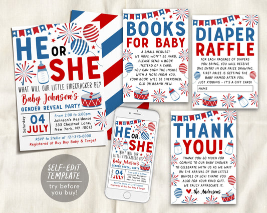 4th of July Gender Reveal Party BUNDLE Suite Set Editable Template, Fourth of July Baby Shower Invitation, Book Request Diaper Raffle
