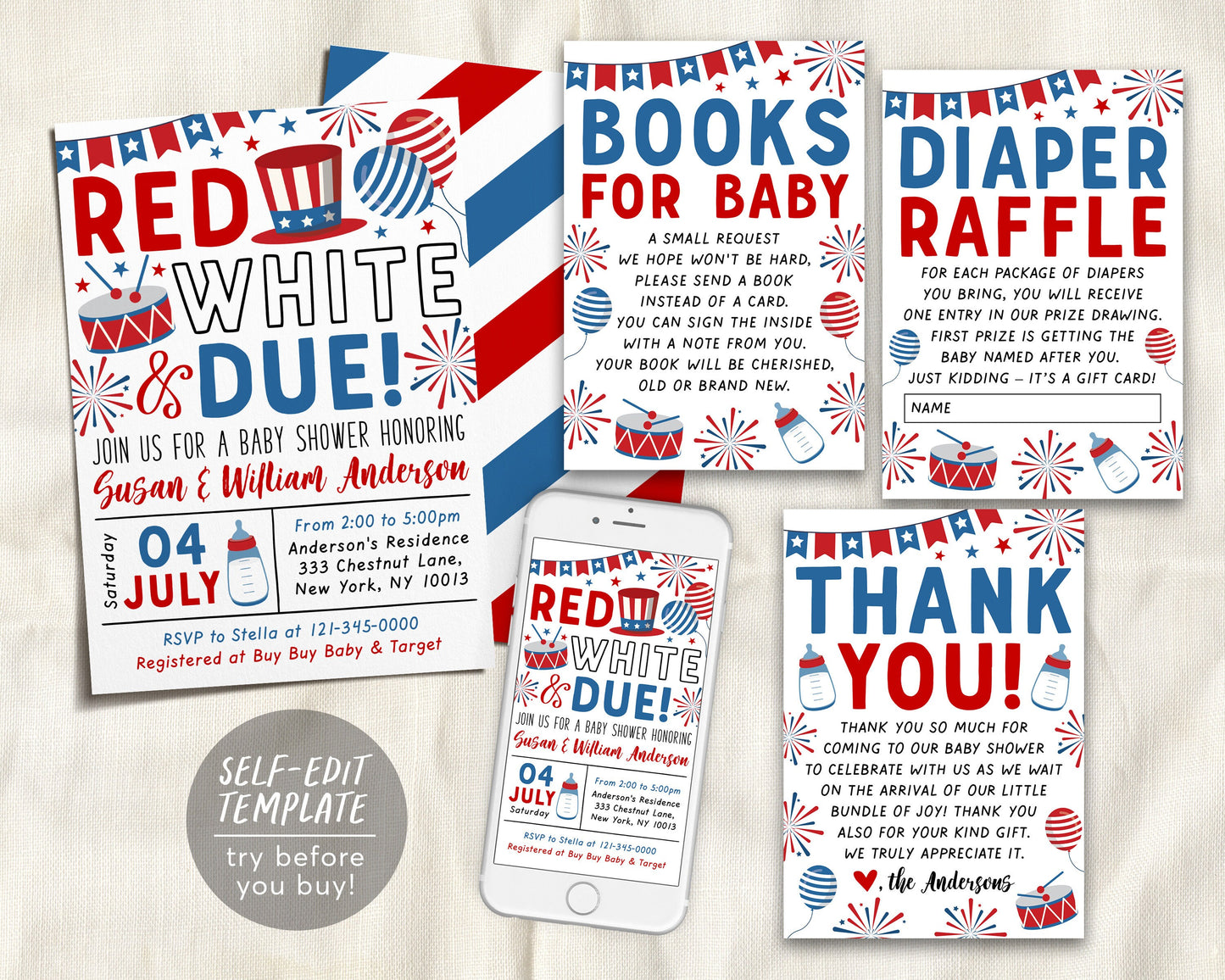 4th of July Gender Reveal Party BUNDLE Suite Set Editable Template, Red White and Due Baby Shower Invitation, Book Request Diaper Raffle