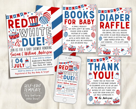 4th of July Gender Reveal Party BUNDLE Suite Set Editable Template, Red White and Due Baby Shower Invitation, Book Request Diaper Raffle