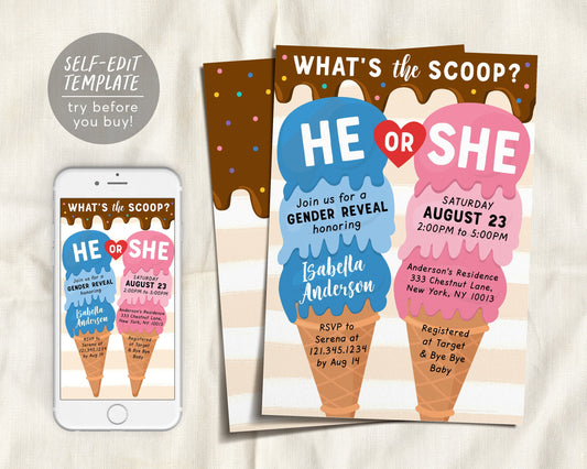 Ice Cream Gender Reveal Baby Shower Invitation Editable Template, Here's the Scoop Boy Or Girl Baby Sprinkle Summer Invite, He She Blue Pink