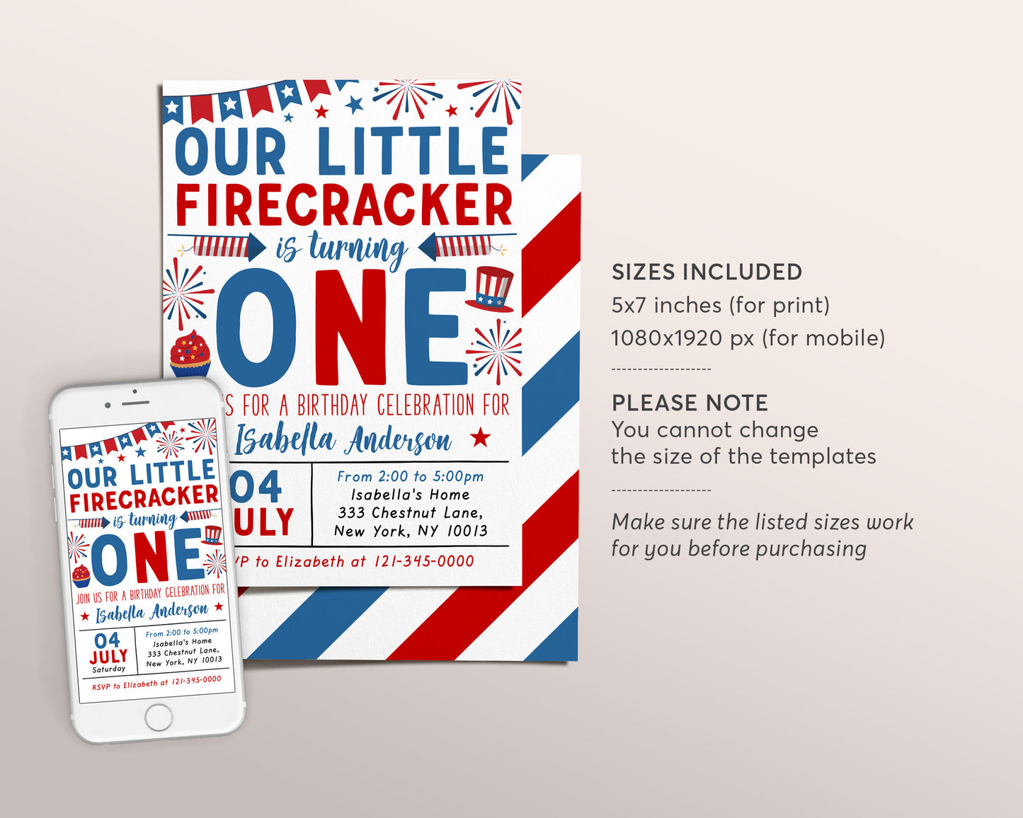 4th of July First Birthday Invitation Editable Template, Little Firecracker Patriotic Birthday Invite, Red White and Blue Stars And Stripes