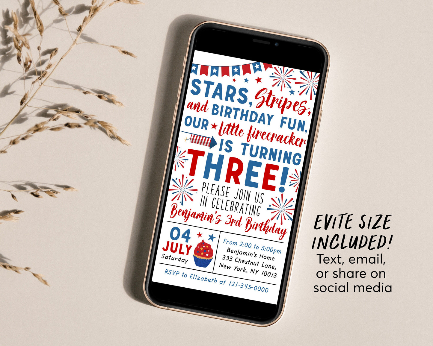 4th of July Birthday Invitation Editable Template, Little Firecracker Patriotic Birthday Invite Evite, Red White and Blue Stars And Stripes