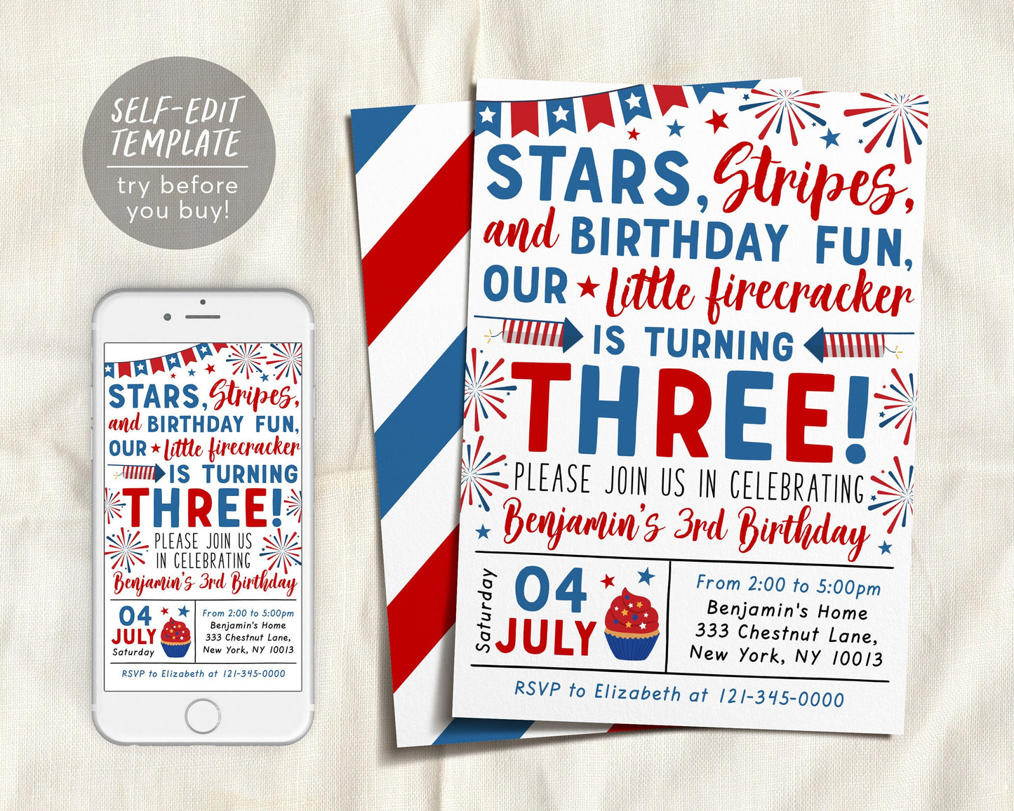 4th of July Birthday Invitation Editable Template, Little Firecracker Patriotic Birthday Invite Evite, Red White and Blue Stars And Stripes