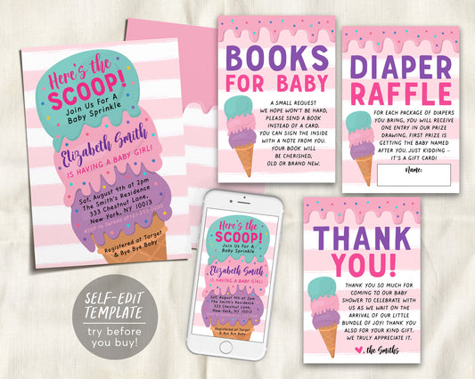 Ice Cream GIRL Baby Shower Invitation BUNDLE Suite Set Editable Template, Here's the Scoop Baby Sprinkle Invite, Book Request Diaper Raffle