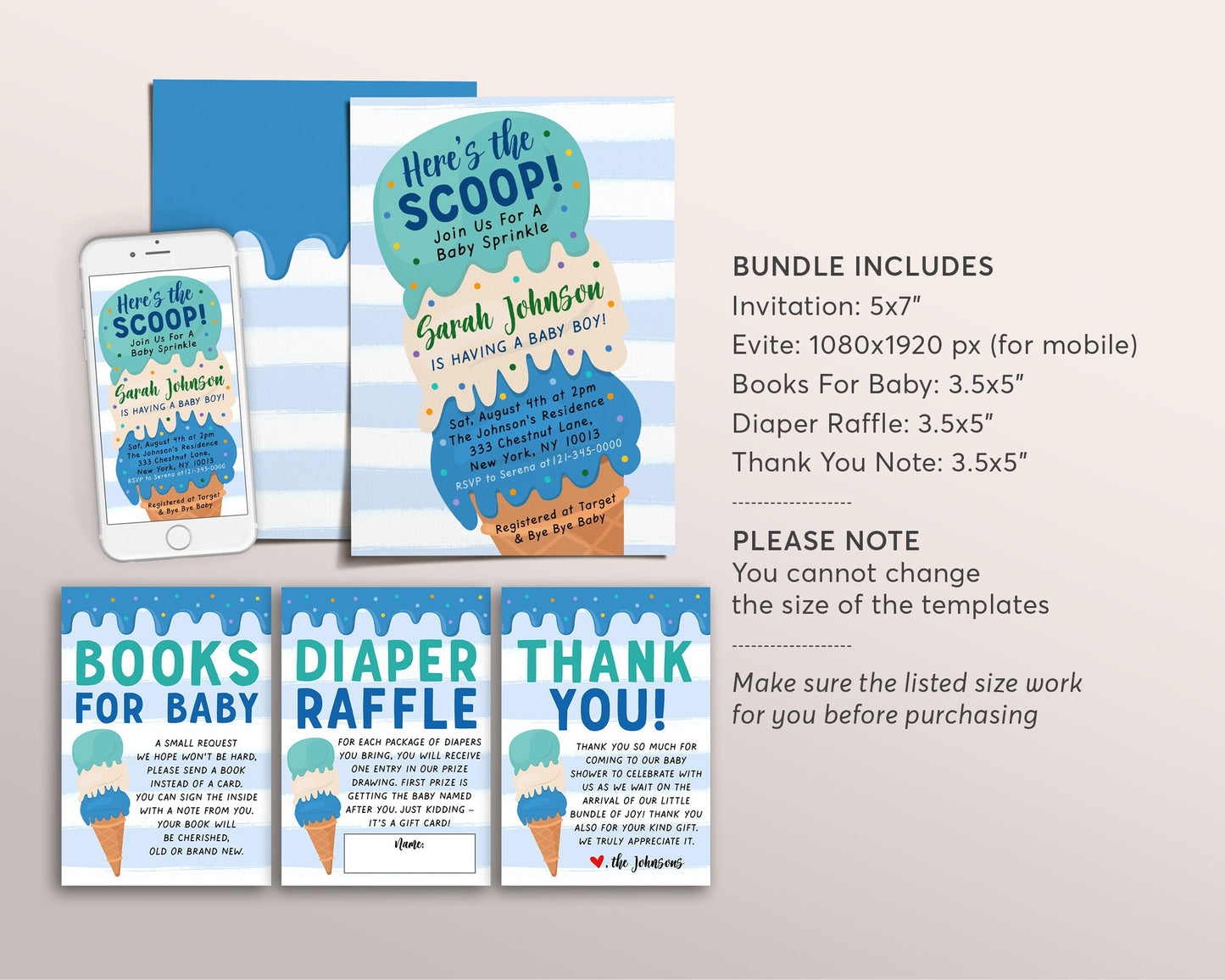 Ice Cream BOY Baby Shower Invitation BUNDLE Suite Set Editable Template, Here's the Scoop Baby Sprinkle Invite, Book Request Diaper Raffle