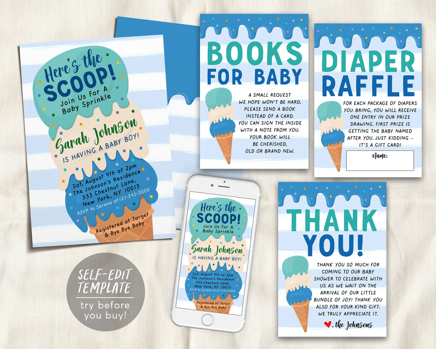 Ice Cream BOY Baby Shower Invitation BUNDLE Suite Set Editable Template, Here's the Scoop Baby Sprinkle Invite, Book Request Diaper Raffle