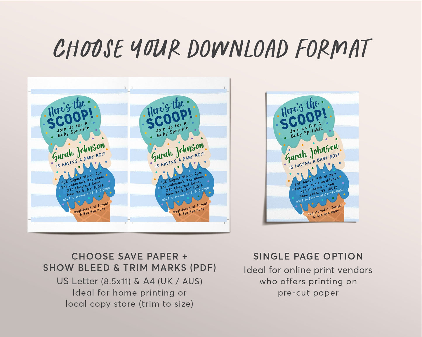Ice Cream Baby Shower Invitation Editable Template, Here's the Scoop Baby Sprinkle Ice Cream Cone Invite, It's A Boy Blue Unisex Printable