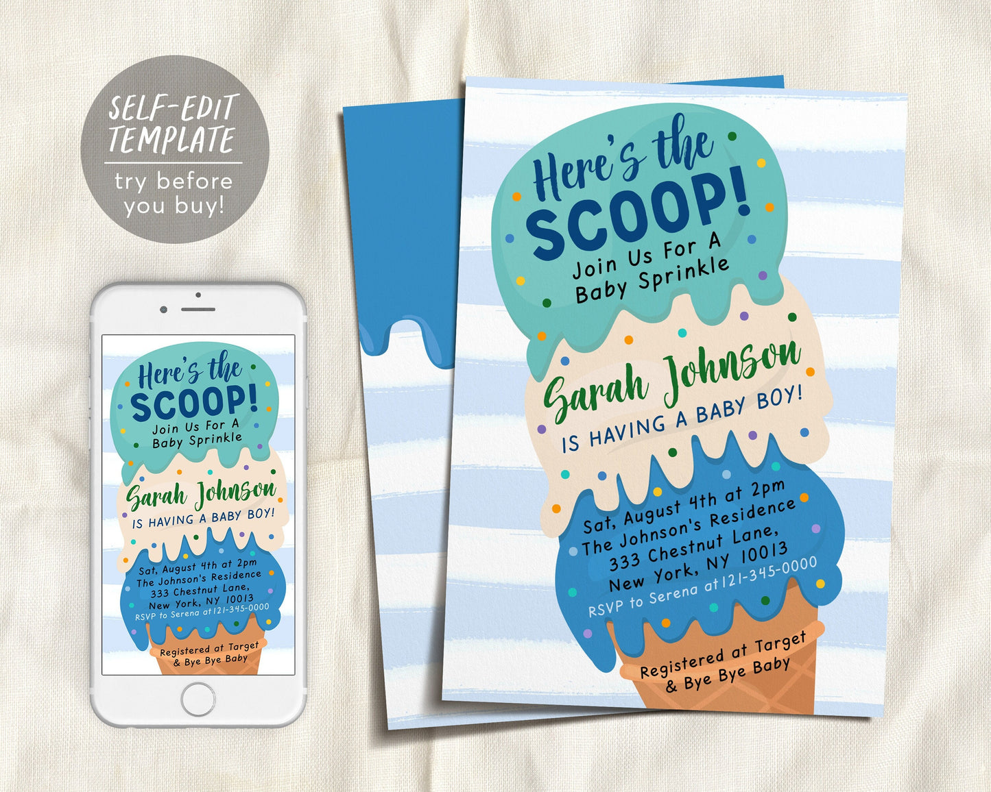 Ice Cream Baby Shower Invitation Editable Template, Here's the Scoop Baby Sprinkle Ice Cream Cone Invite, It's A Boy Blue Unisex Printable