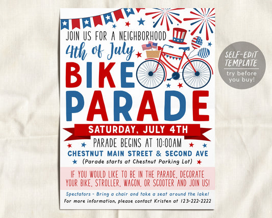 4th of July Bike Parade Flyer Invitation Editable Template, Bicycle Tricycle Family Parade, Block Party Fourth of July Celebration Summer