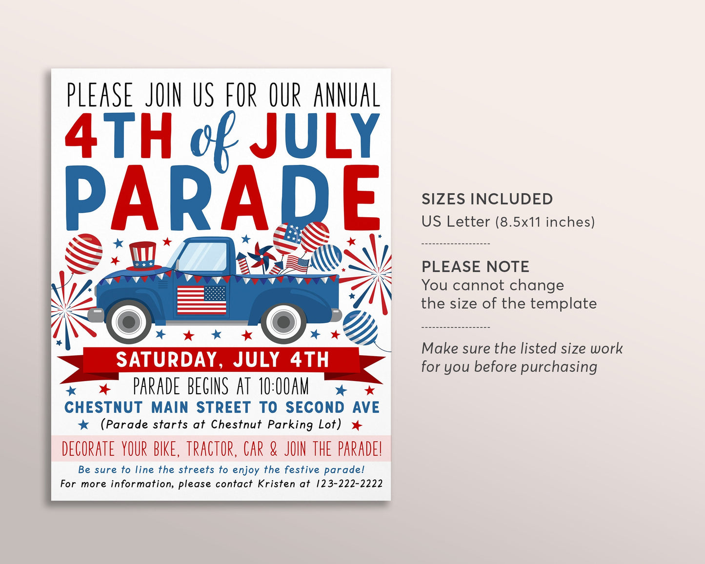 4th of July Car Parade Flyer Invitation Editable Template, Decorated Bike Truck Tractor Bicycle Tricycle Parade, Stars And Stripes