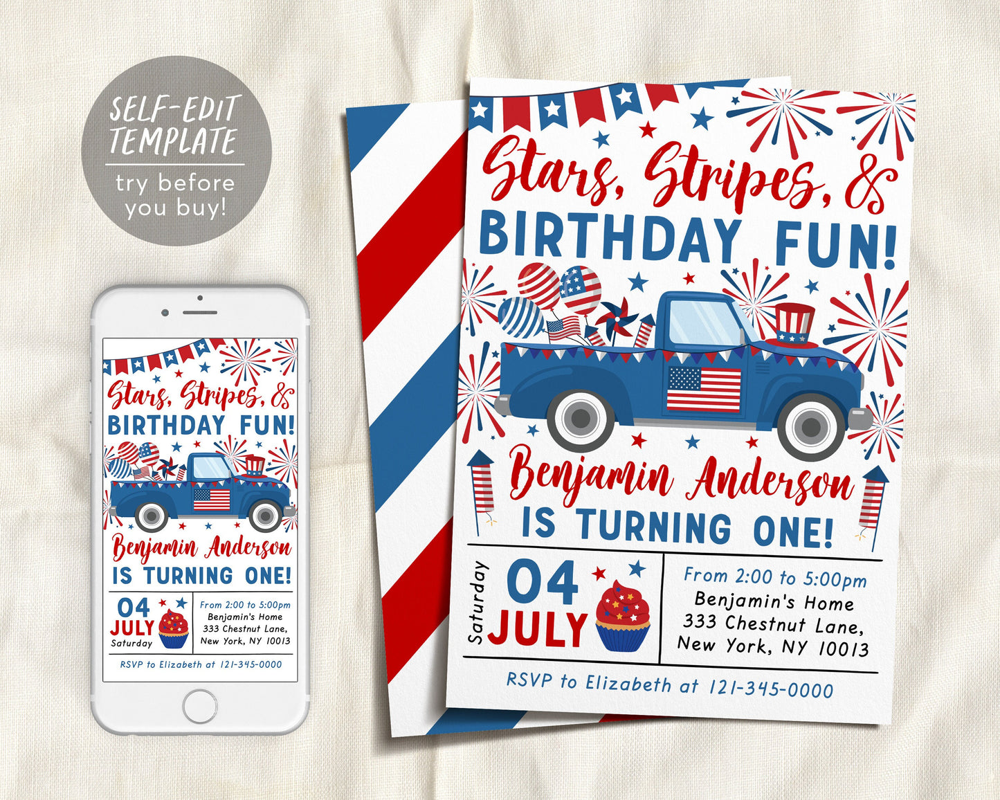 4th of July Birthday Invitation Editable Template, Stars And Stripes Truck Birthday Patriotic Birthday Parade Invite Evite, Red White Blue