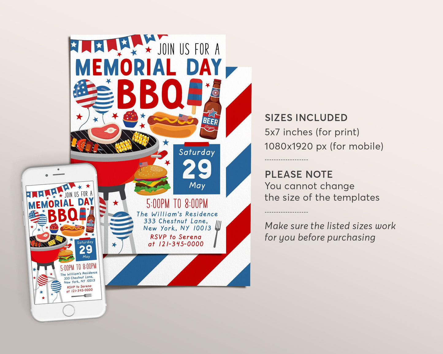 Memorial Day BBQ Invitation Editable Template, Patriotic Memorial Day Cookout Dinner Party Celebration Invite Printable, Backyard Barbecue