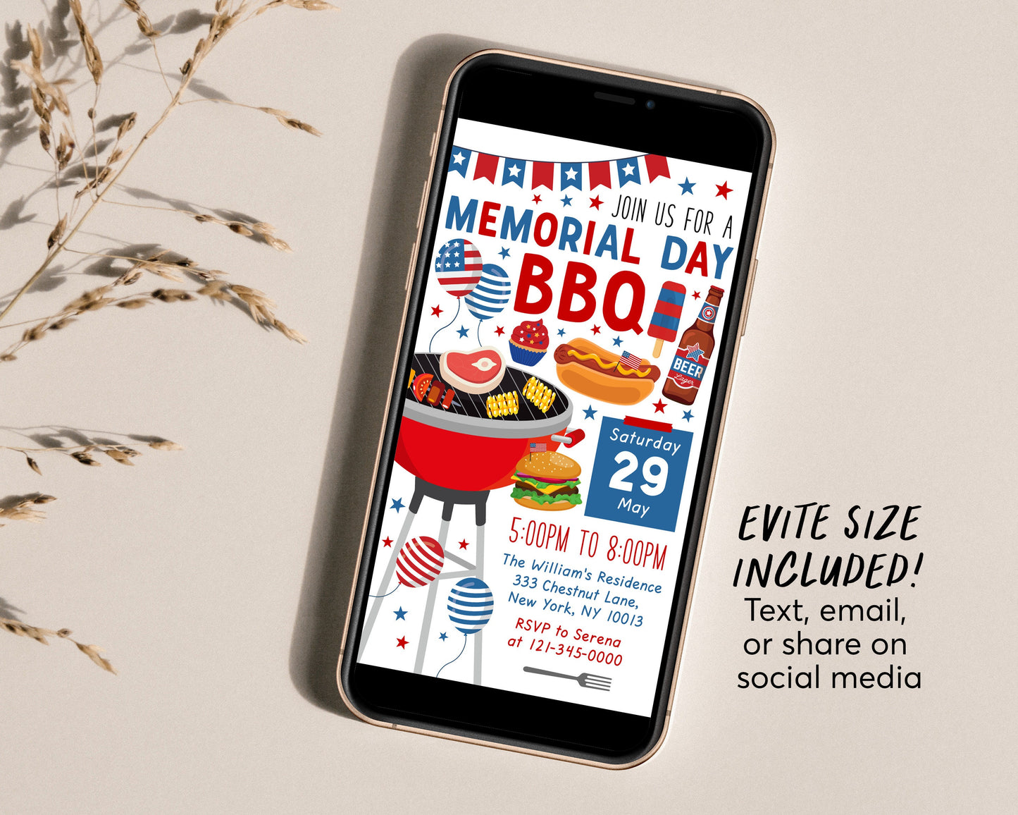 Memorial Day BBQ Invitation Editable Template, Patriotic Memorial Day Cookout Dinner Party Celebration Invite Printable, Backyard Barbecue