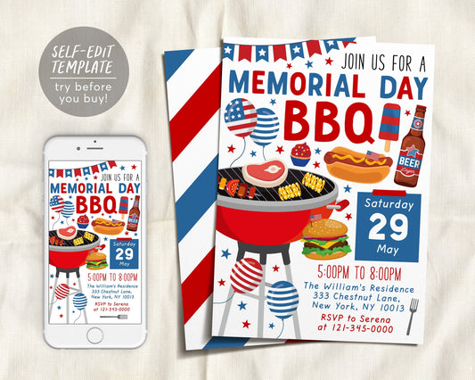 Memorial Day BBQ Invitation Editable Template, Patriotic Memorial Day Cookout Dinner Party Celebration Invite Printable, Backyard Barbecue