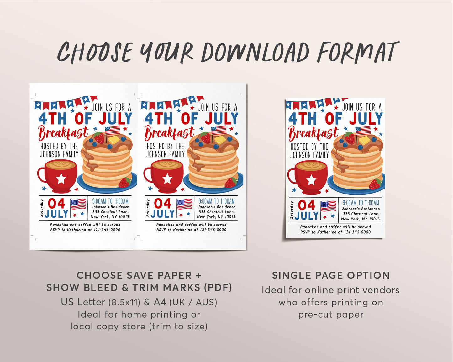 4th of July Breakfast Invitation Editable Template, Patriotic Fourth of July Pancakes Brunch Party Celebration Invite Independence Day