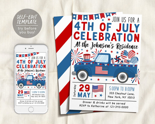 4th of July Invitation Editable Template, Fourth of July Celebration Parade Truck Invite, Independence Day BBQ American Flag Patriotic