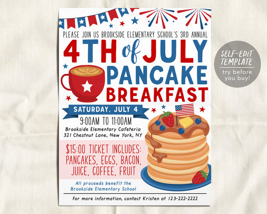 4th of July Pancake Breakfast Flyer Editable Template, Summer Pancakes Brunch Fundraiser Event, School PTO PTA Church Charity Community