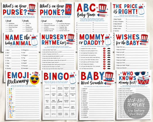 4th of July Baby Shower Games Bundle Editable Template, Red White and Due 12 Shower Games, Summer Word Scramble, What's On Your Phone