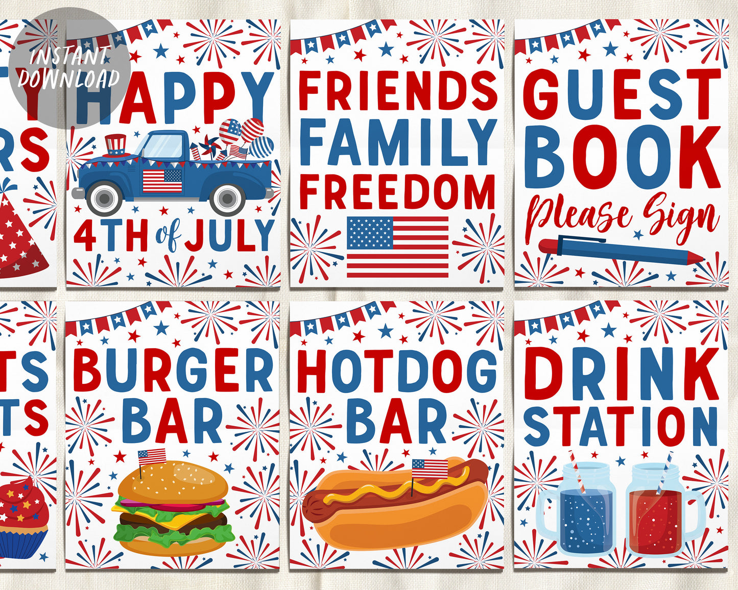 4th of July Party Signs BUNDLE, Fourth of July Decorations, Independence Day Patriotic BBQ Birthday Baby Shower Decor Printable, Burger Bar