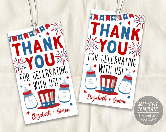 4th Of July Baby Shower Thank You Tags Editable Template, Patriotic Fourth Of July Stars And Stripes Couples Co-ed Sprinkle Treat Favor Tags