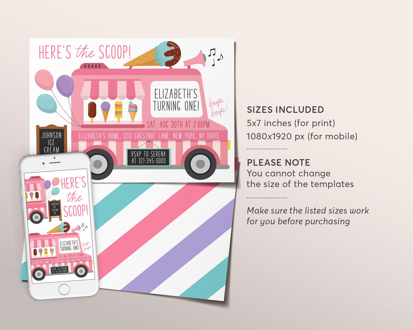 Ice Cream Truck Invitation Editable Template, Here's The Scoop Ice Cream Cart Birthday Party, Any Age Sweet One Summer Girl Blush Invite