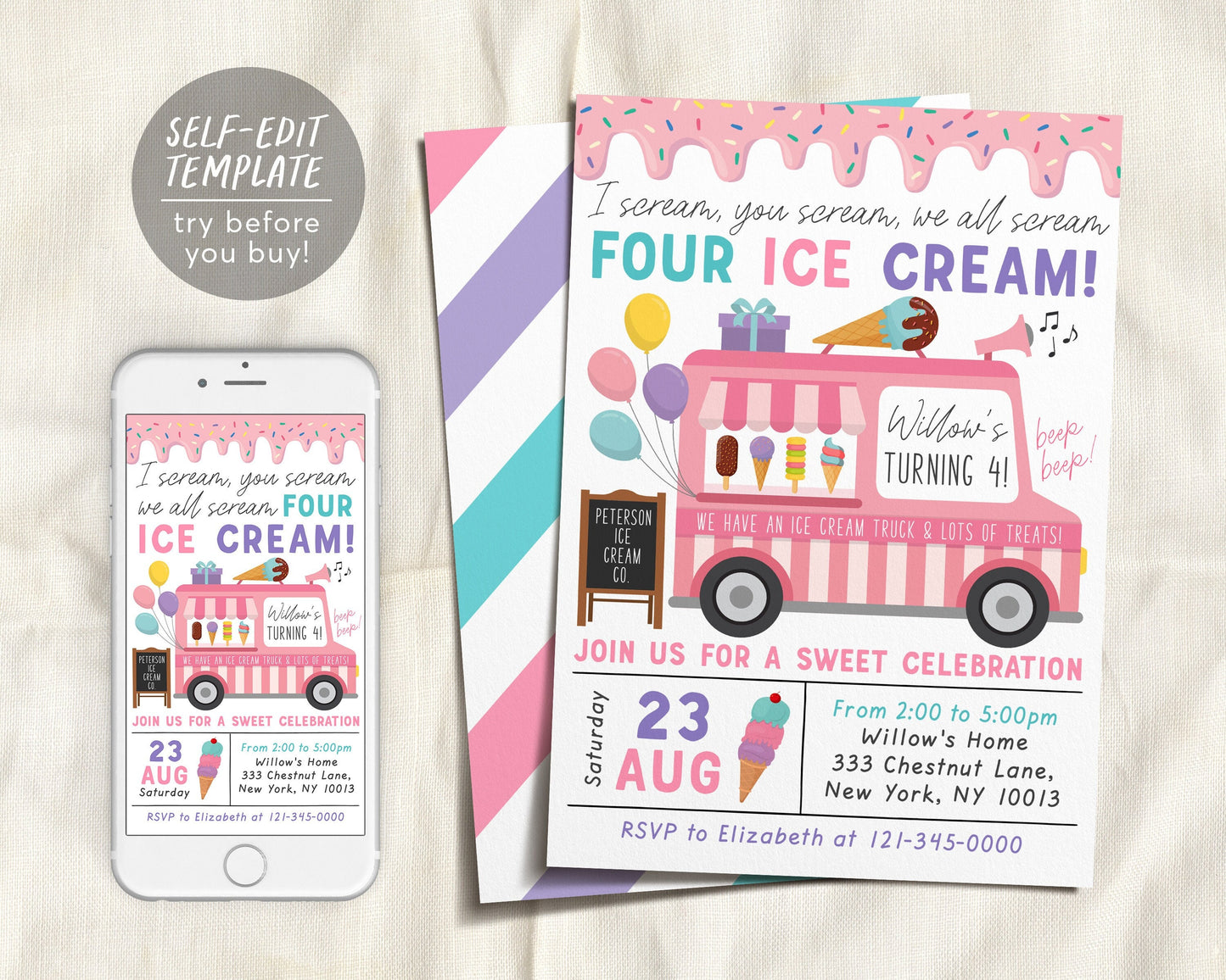 Ice Cream Truck Invitation Editable Template, I Scream You Scream We All Scream Four Ice Cream 4th Birthday Party, Here's The Scoop Invite
