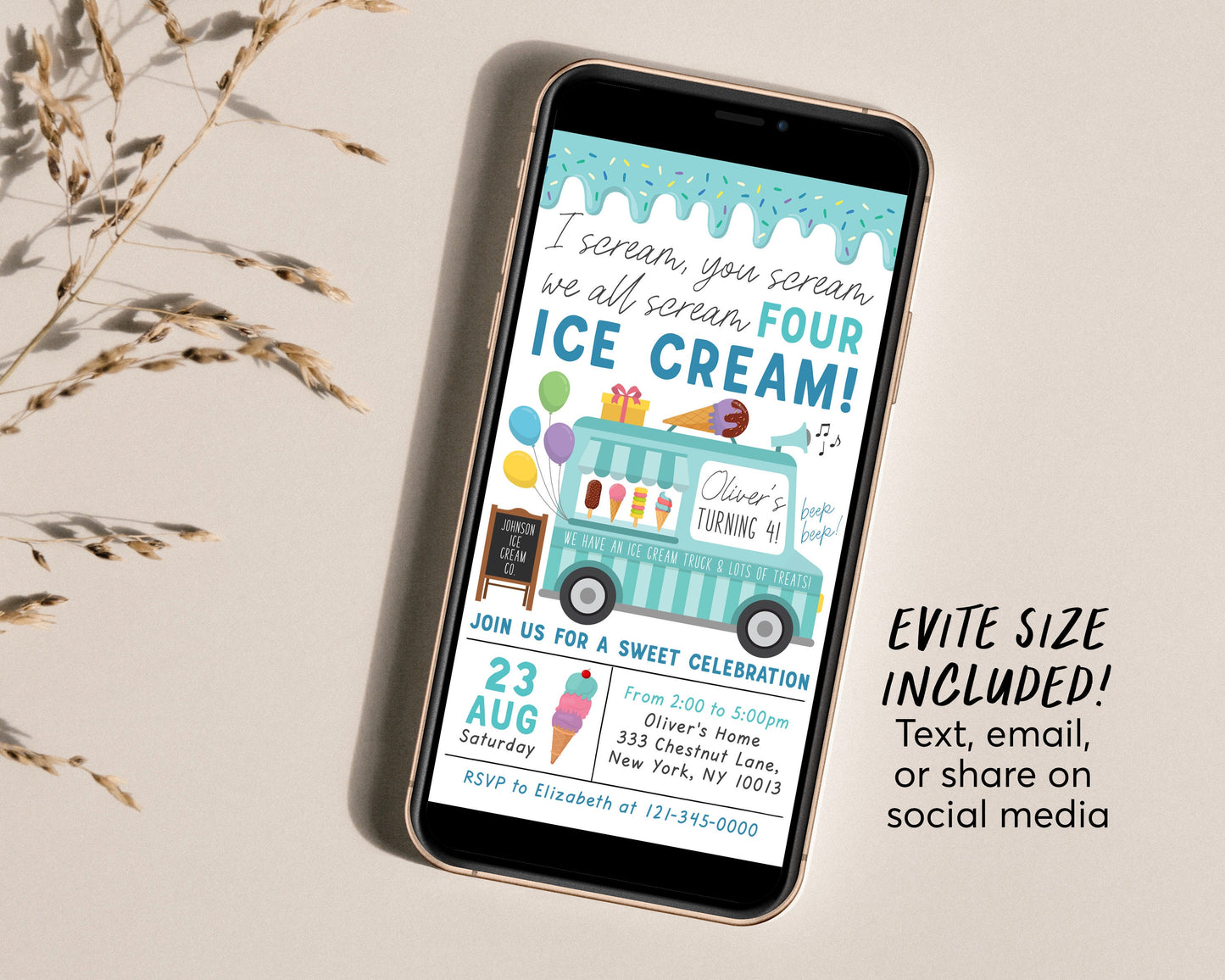 Ice Cream Truck Invitation Editable Template, I Scream You Scream We All Scream Four Ice Cream 4th Birthday Party, Unisex Boy Invite Evite