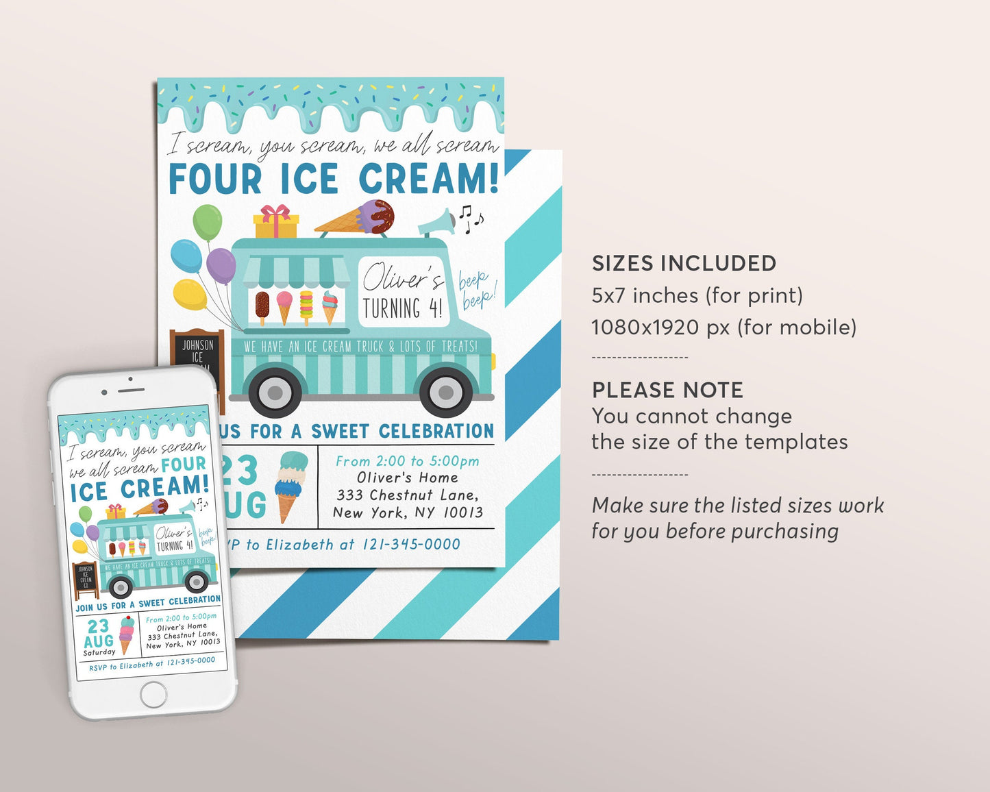 Ice Cream Truck Invitation Editable Template, I Scream You Scream We All Scream Four Ice Cream 4th Birthday Party, Unisex Boy Invite Evite