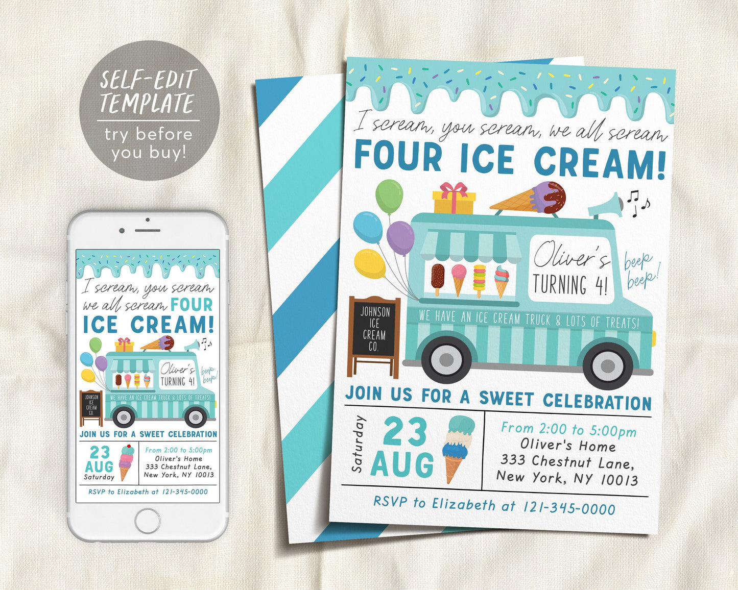 Ice Cream Truck Invitation Editable Template, I Scream You Scream We All Scream Four Ice Cream 4th Birthday Party, Unisex Boy Invite Evite
