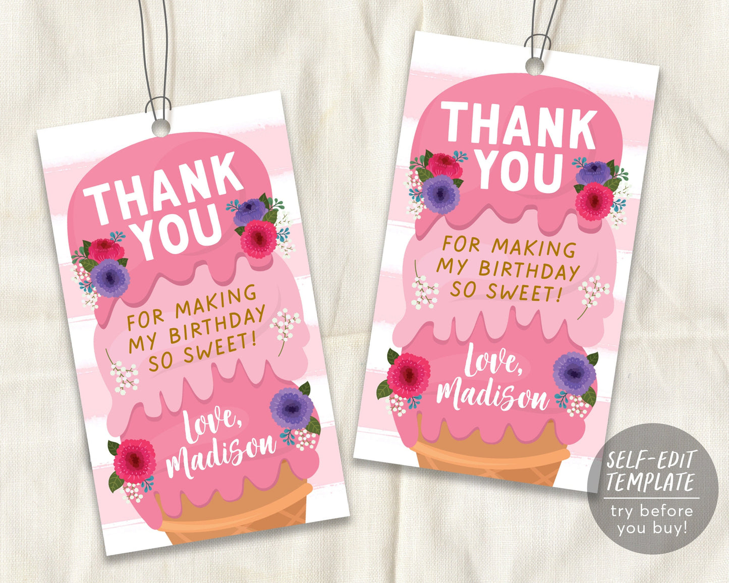 Ice Cream Birthday Party Thank You Gift Tag Editable Template, Ice Cre –  Puff Paper Co, image size:1445x1156