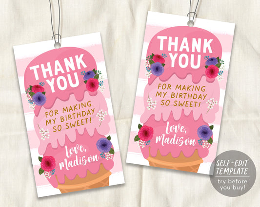 Ice Cream Birthday Party Thank You Gift Tag Editable Template, Ice Cream Sweet One Girl Floral Summer Favor Tags Printable, Instant Download