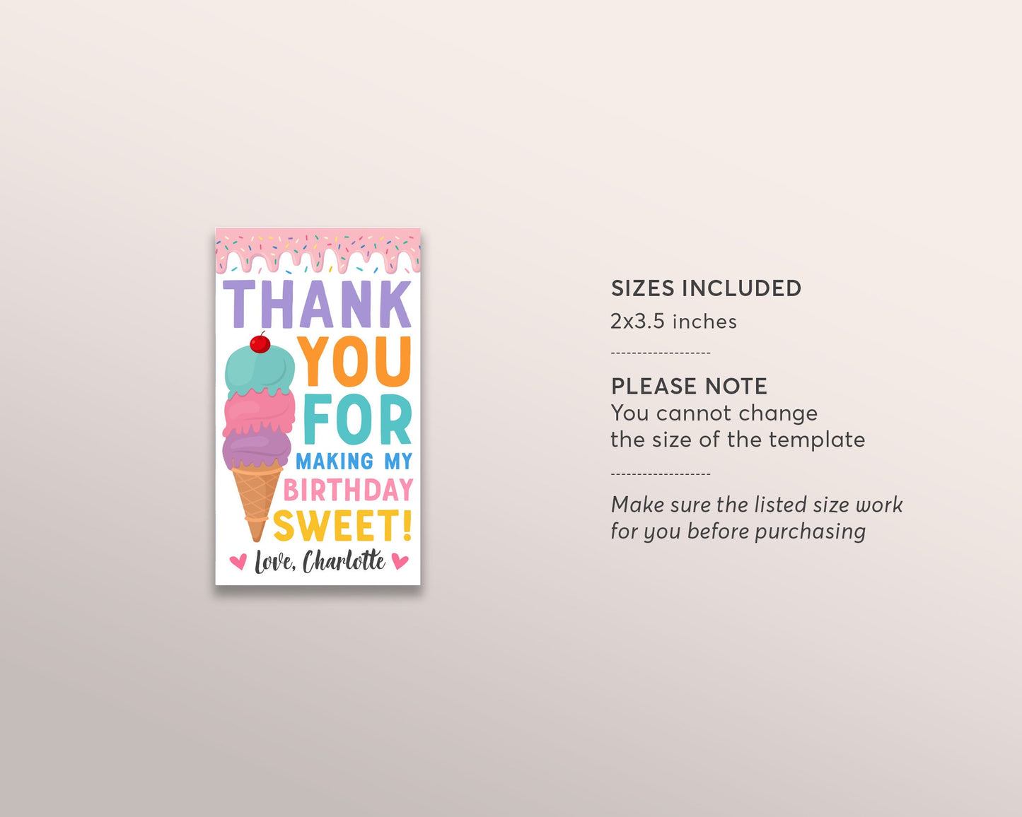 Ice Cream Birthday Party Thank You Gift Tag Editable Template, Ice Cream Sweet One Girl Pastel Summer Favor Tags Printable, Instant Download