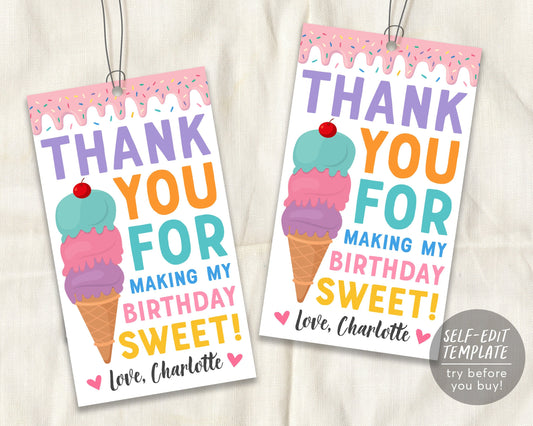 Ice Cream Birthday Party Thank You Gift Tag Editable Template, Ice Cream Sweet One Girl Pastel Summer Favor Tags Printable, Instant Download