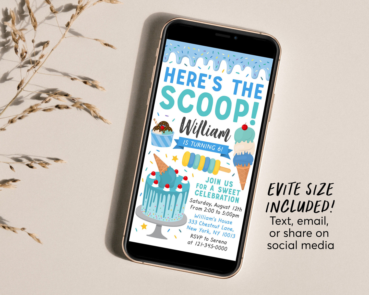 Ice Cream Birthday Party Invitation Editable Template, Ice Cream Cone Cake Sweet One Summer Invite, Birthday Boy Unisex Blue Evite