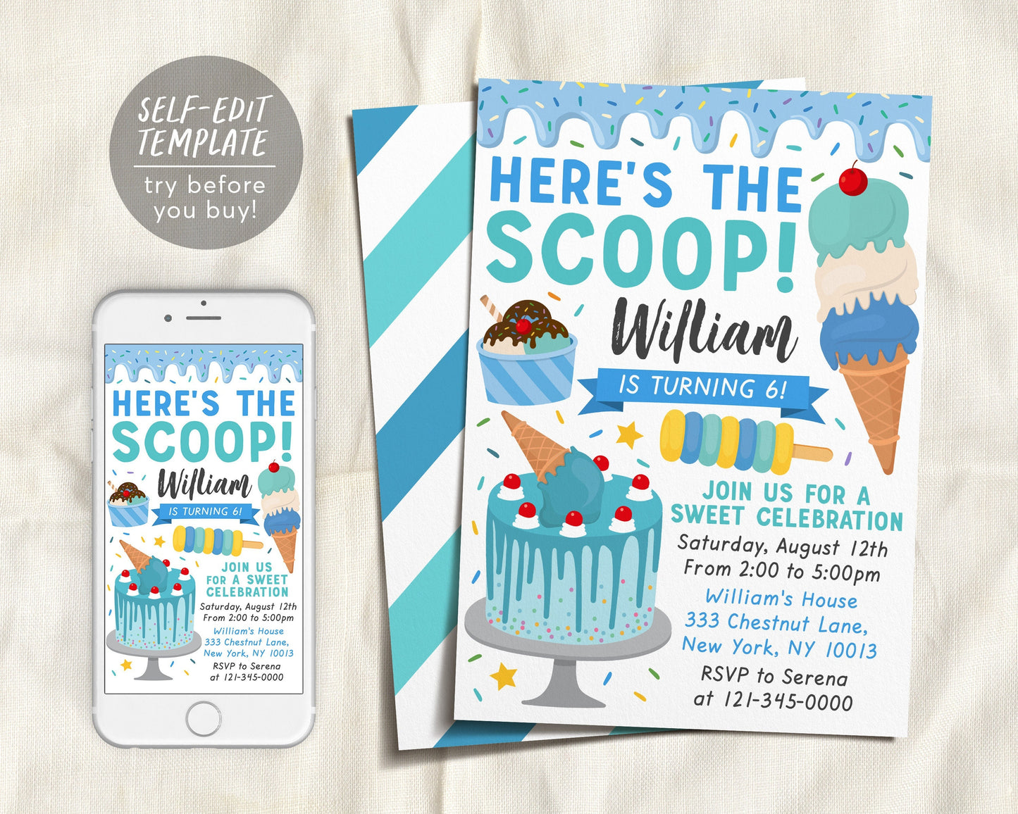 Ice Cream Birthday Party Invitation Editable Template, Ice Cream Cone Cake Sweet One Summer Invite, Birthday Boy Unisex Blue Evite