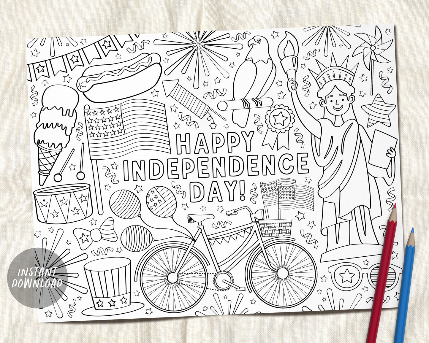 4th of July Coloring Page Placemat For Kids And Adults, Independence Day Patriotic Summer Craft Activity Sheet Printable, Instant Download