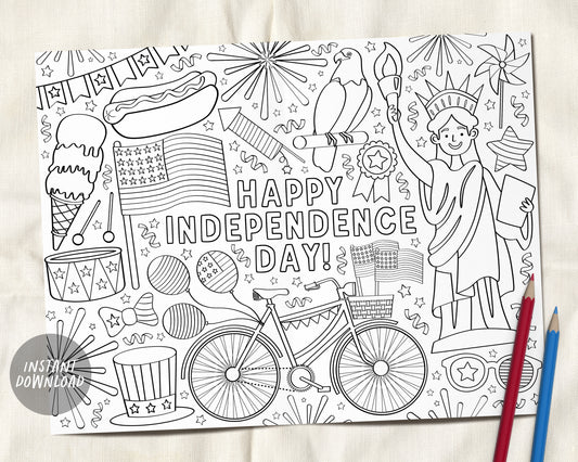 4th of July Coloring Page Placemat For Kids And Adults, Independence Day Patriotic Summer Craft Activity Sheet Printable, Instant Download