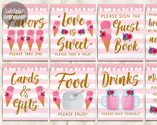 Ice Cream Bridal Shower Signs BUNDLE, Blush Floral Summer Ice Cream Themed Table Decor, Baby Shower Wedding Birthday, Instant Download