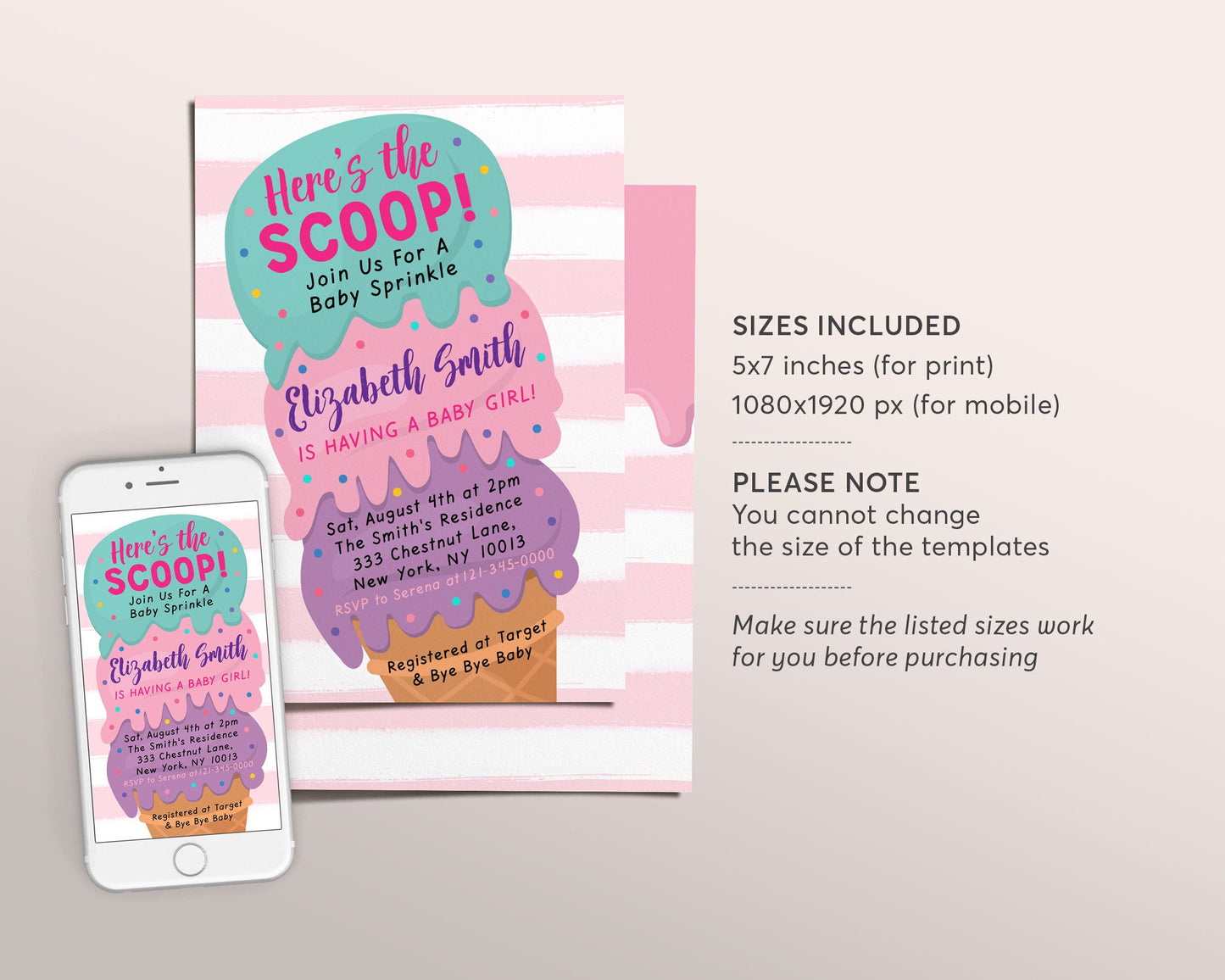 Ice Cream Baby Shower Invitation Editable Template, Here's the Scoop Baby Sprinkle Ice Cream Cone Invite, It's A Girl Blush Pink Printable