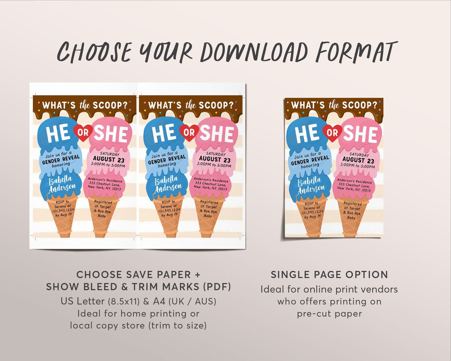 Ice Cream Gender Reveal Baby Shower Invitation Editable Template, Here's the Scoop Boy Or Girl Baby Sprinkle Summer Invite, He She Blue Pink