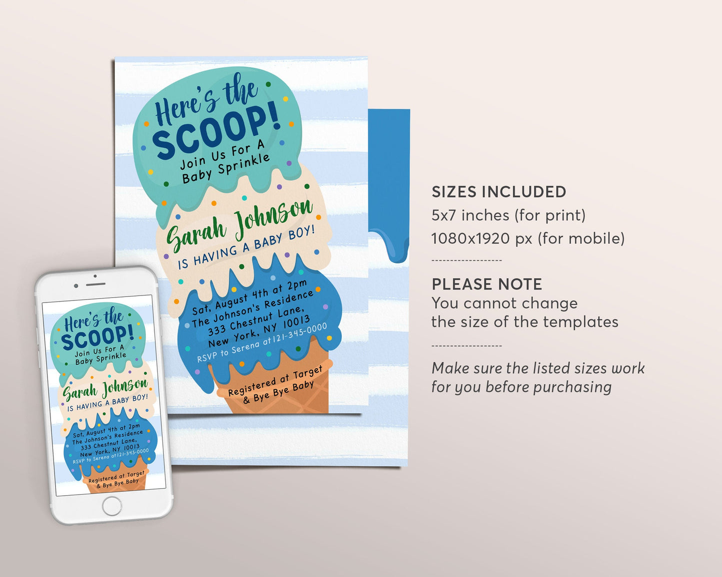 Ice Cream Baby Shower Invitation Editable Template, Here's the Scoop Baby Sprinkle Ice Cream Cone Invite, It's A Boy Blue Unisex Printable